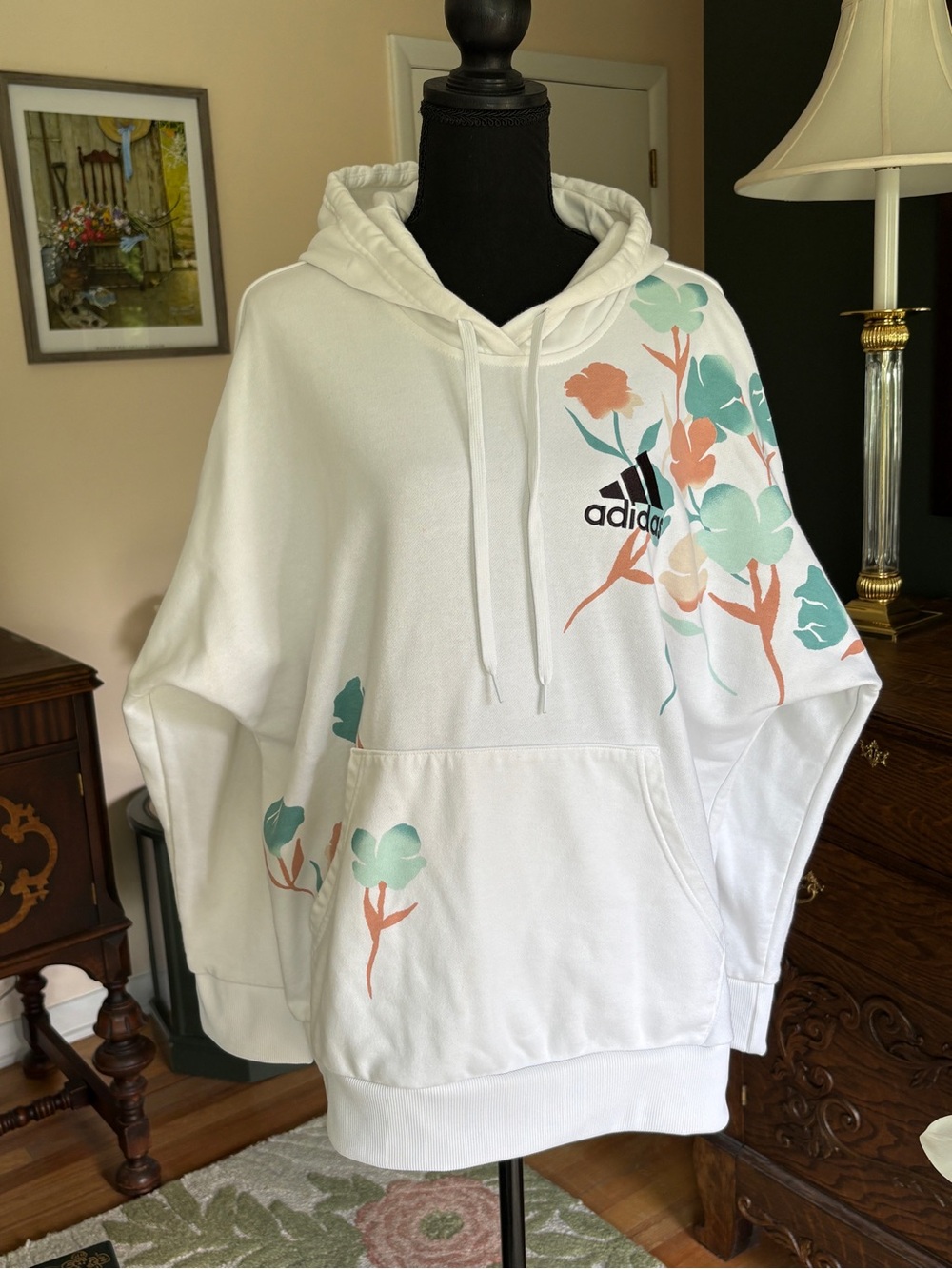 Adidas White Hoodie with Mint Green & Peach Floral Print SZ 1X